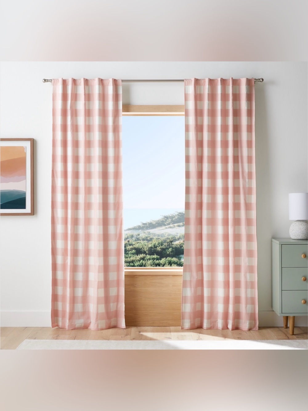 Crate&Barrel Pink and Cream Buffalo-Check Curtain Panels
